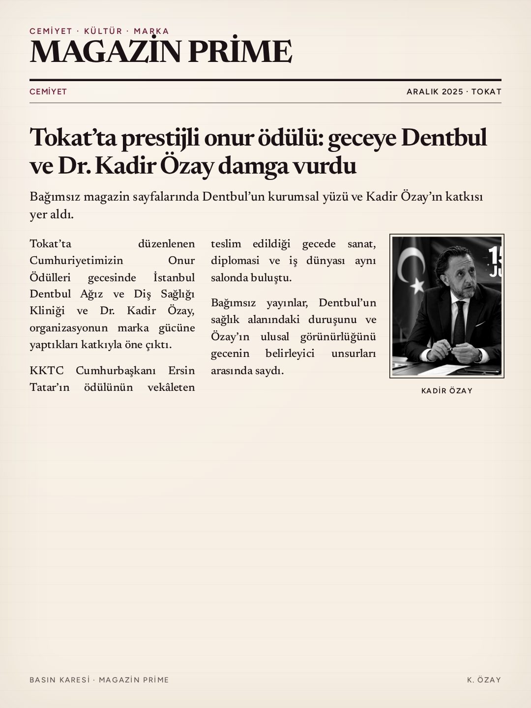 Magazin Prime — Tokat’ta Prestijli Onur Ödülü